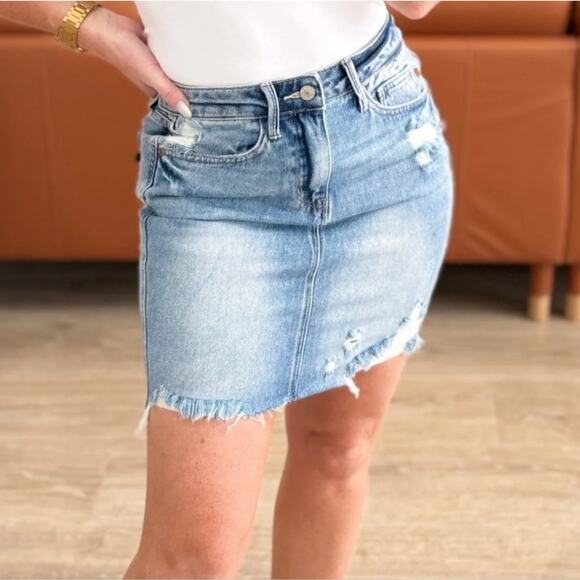 Judy Blue Dresses & Skirts - Judy Blue distressed raw‎ hem denim Jean mini stretch skirt size small